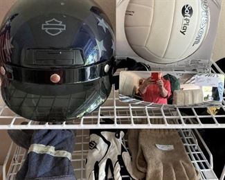 Harley helmet; Wilson volleyball 