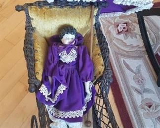Wicker Doll Buggy and China Doll