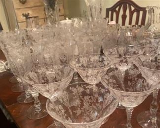 Rosepoint crystal stemware, platters, bowls and vase