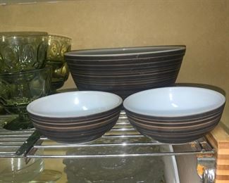 Brown and White Pyrex Bowls