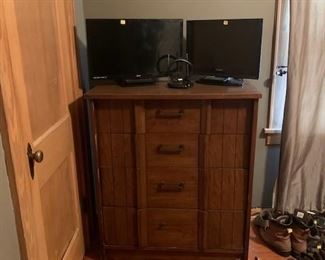 24 in Sanyo TV with remote.  19 in Toshiba TV with remote.  4 drawer dresser.  Men's boots and shoes, size 10.