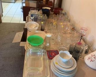 Glasses.  China.  Disney glasses.  Plates.  Bowls.  Bakeware.  
