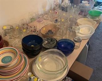 Glasses.  China.  Disney glasses.  Plates.  Bowls.  Bakeware. 