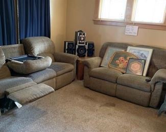 Lazy Boy 84 in Recliner Couch with flip down tray.  Lazy Boy 60 in Recliner Love Seat (SOLD).  Sony Mini Hi-Fi Component System.  Hanging pictures.