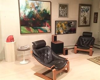 Pair Ake Fribytter for Nelo Mobler Sweden Lounge Chairs w/ one Ottoman, Blackwell o/c, G. Valentin Tile and Mixed Media, L. Whittaker Painting