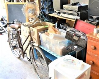 OLD BICYCLE, STEREO SYSTEM, FILE CABINET, CHALK BOARD