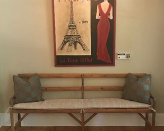 Stunning late 19th C hand-made bench.
Hand painted Paris poster art.
Antique Persian jewel tone rug.