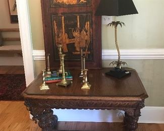 Amazing antique hand carved console!  Late 19th Asian panel.
Pagoda brass lamp and vintage brass candlesticks