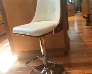 Brand new pair of Danish “Scooter” bar stools in chrome, leather and teak 