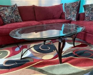 $ 850- Complete FIVE  piece living room suite / sofa, love seat, glass  top And metal coffee table and end table and beautiful sculptured  rug 7ft x 5ft 