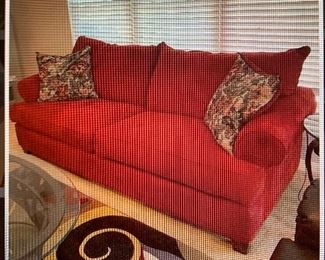 $290- Striking custom upholstered Comfy red sofa ~ 86" Wide x 40" deep