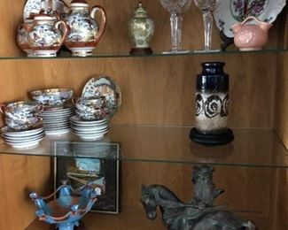 Kutani Tea set
Waterford goblets
Red wing vase
German Vase
Columbian art
 Bronze Samurai 