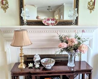 Mahogany sofa table with Rose Medallion bowl and Ginger Jar 