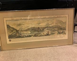 Print of South East Prospect of the city of Bath. Small crack on glass located on bottom right.