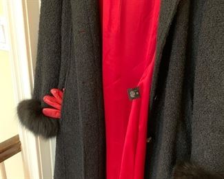 Marvin Richards full-length wool coat w/faux fur trim on sleeve and hood with matching red leather gloves (Saks 5th Ave) Coat size 12 gloves size 7.5