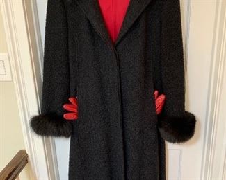 Marvin Richards gown -length wool coat w/faux fur trim on sleeve and hood with matching red leather gloves (Saks 5th Ave) Coat size 12 gloves size 7.5