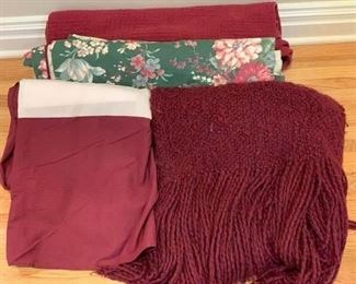 Wine colored bedding duvet cover, bed ruffle, cotton blanket & throw (queen)