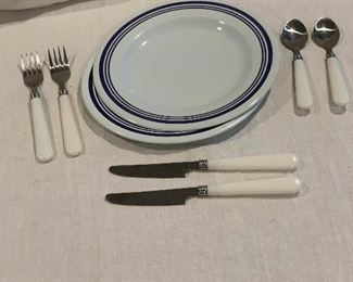 Picnic Set (2 settings) plastic plates, stainless steel dinner utensils.