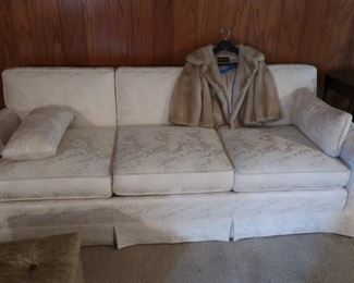 white  3  cushion  sofa     84"  and  small  mink  jacket