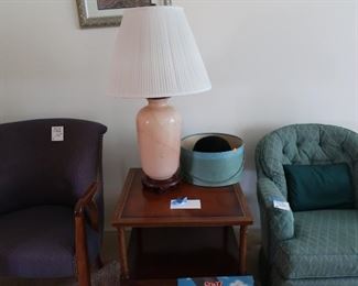 mahogany  table, one  of  two matching  lamps,  green  chair