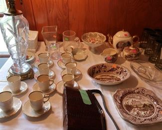 cups and saucers, johnson brothers  china,snake  purse