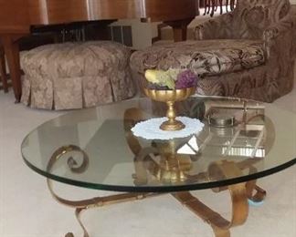 Formal living room furniture ,glass coffee table brass bottom, chaise lounge, ottoman