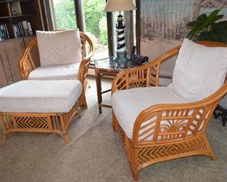 6 pc set Rattan Sitting Club Chairs (2) one Ottoman (1) Love-Seat and (2) End Tables
