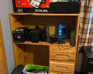 Wood Computer Desk / Misc. Electronics (including but not limited to) New In Box Lexmark Printer / New In Box HP Printer Ink / New In Box Computer Speakers /  HP Printer / New In Box HP Photo Printer 