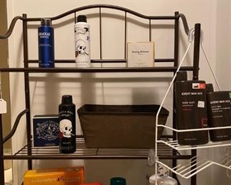 Unused Health and Hygiene items / Metal Shelf / Misc. Bathroom Decor  