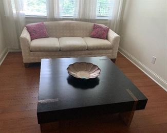 Designer square coffee table with rustic wood accents, and 3 seater sofa