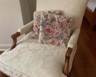 Perfect condition damask upholstered arm chair and charming needlepoint pillows