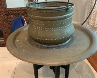 Large brass tray-top table and brass pot / plant stand