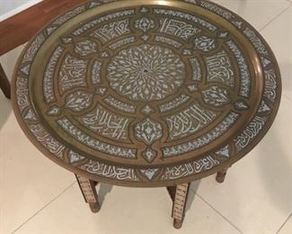 Vintage brass Middle Eastern tray-top table on inlaid wood and bone folding table base
