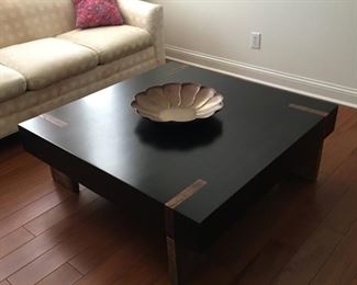 Designer transitional piece, chunky black and rustic brown wood square coffee table from Bed Down on Miami Circle