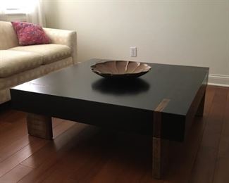 Designer transitional piece, chunky black and rustic brown wood square coffee table from Bed Down on Miami Circle