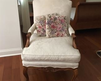 Queen Anne style armchair in like new ivory damask upholstery