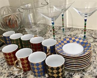 Neiman Marcus demitasse cup and saucer set plus bar glasses and accessories