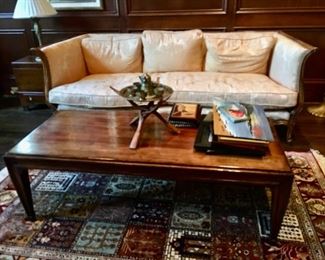 Artisan -crafted inlaid rectangular coffee table and down-stuffed vintage sofa