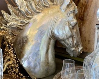 WILLOW AND WELLS INTERIOR DESIGN Large Antique Silver Horse Head Statue