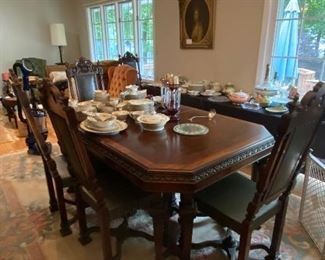 THIS BEAUTIFUL ANTIQUE DINING SET WITH 3 SIDEBOARDS AND 6 CHAIRS.  WE WILL BREAK UP ON SATURDAY. BUILT BY BUCKINGHAM MFG IN NEWARK NJ!! STUNNING AND IN BEAUTIFUL CONDITION! 