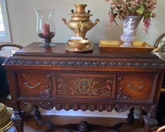 THIS BEAUTIFUL ANTIQUE DINING SET WITH 3 SIDEBOARDS AND 6 CHAIRS.  WE WILL BREAK UP ON SATURDAY. BUILT BY BUCKINGHAM MFG IN NEWARK NJ!! STUNNING AND IN BEAUTIFUL CONDITION! 