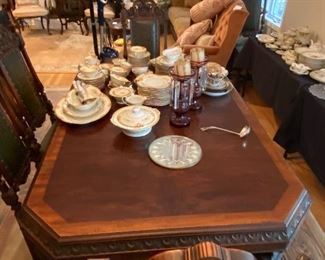 THIS BEAUTIFUL ANTIQUE DINING SET WITH 3 SIDEBOARDS AND 6 CHAIRS.  WE WILL BREAK UP ON SATURDAY. BUILT BY BUCKINGHAM MFG IN NEWARK NJ!! STUNNING AND IN BEAUTIFUL CONDITION! 