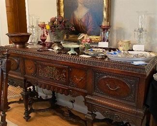 THIS BEAUTIFUL ANTIQUE DINING SET WITH 3 SIDEBOARDS AND 6 CHAIRS.  WE WILL BREAK UP ON SATURDAY. BUILT BY BUCKINGHAM MFG IN NEWARK NJ!! STUNNING AND IN BEAUTIFUL CONDITION!  80"(6'8")W x 24"D x 41"H