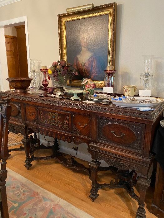 THIS BEAUTIFUL ANTIQUE DINING SET WITH 3 SIDEBOARDS AND 6 CHAIRS.  WE WILL BREAK UP ON SATURDAY. BUILT BY BUCKINGHAM MFG IN NEWARK NJ!! STUNNING AND IN BEAUTIFUL CONDITION!  80"(6'8")W x 24"D x 41"H