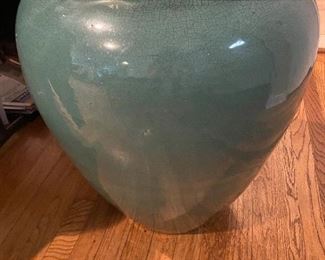 FANTASTIC ANTIQUE OIL JAR/URN. VERY OLD AND VERY HEAVY. GLAZE IS CRACKLED. COLOR IS A DEEP TURQOISE.  