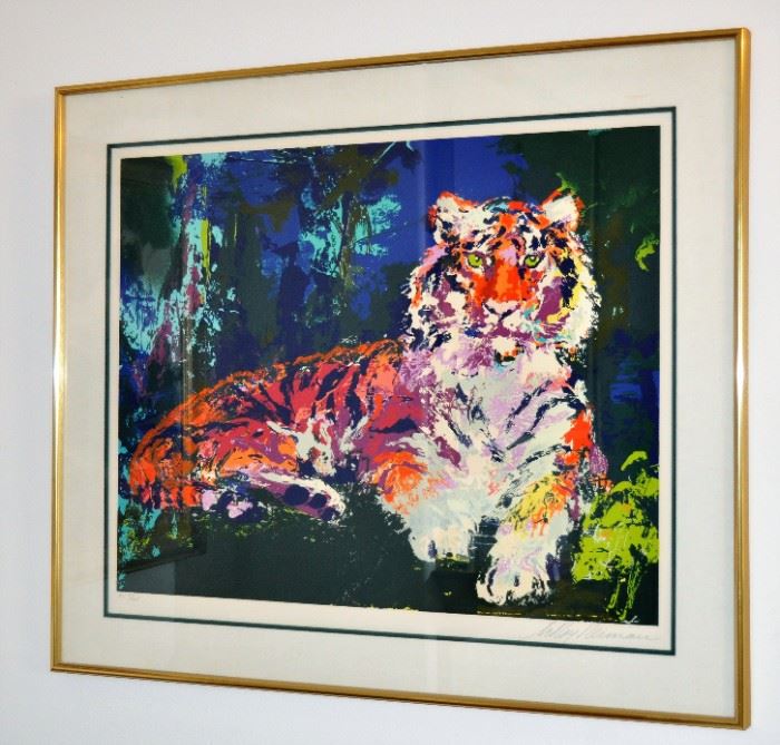 Tiger signed Leroy Neiman serigraph.  Frame Ht:  35"  Width:  42"    Dedicated to Debbie on the back by Leroy --  numbered  HC  37/125