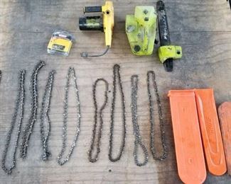 10 chainsaw chains and 2 scainsaws
