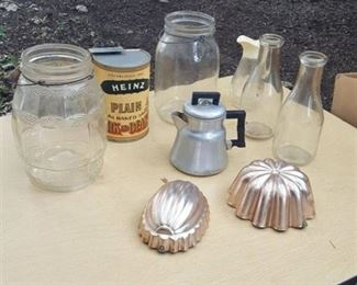 Milk bottles, Heinz can opener condition unknown, pickle jars, Jell-O molds