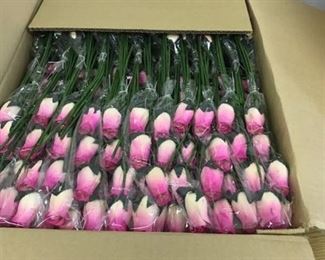 box of white and pink artificial floral bouquets