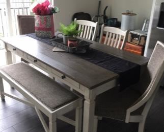 Gorgeous farmhouse style dining table with 4 chairs and a bench! Less than 2 years old! Table measures 40” x 72” - $600